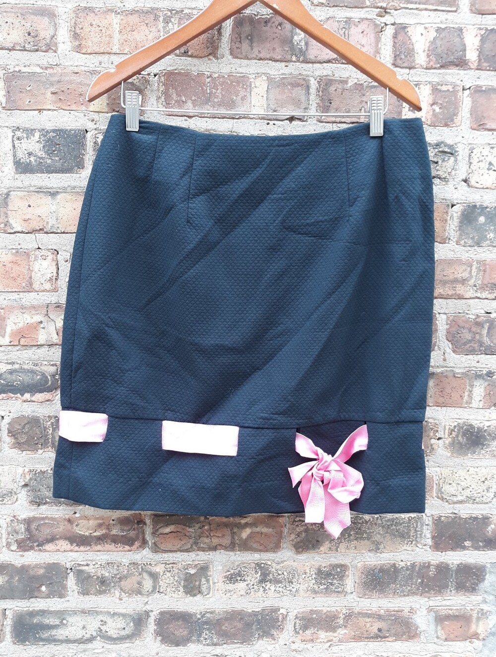 STEVEN STOLMAN Vintage Black Cotton Pique Mini Skirt Pink Ribbon Bow USA Sz 14 M